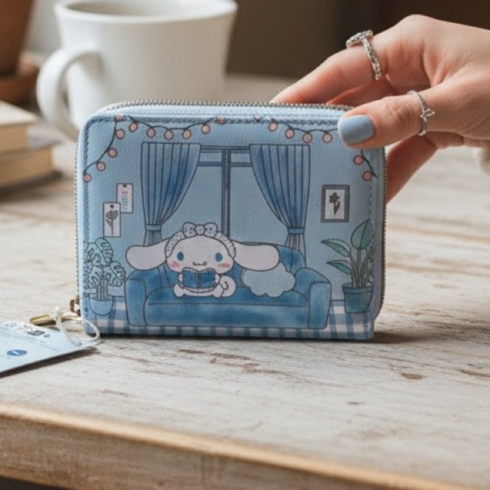 Loungefly Sanrio Cinnamoroll gingham zip around wallet, Baby Blue NWT ID window